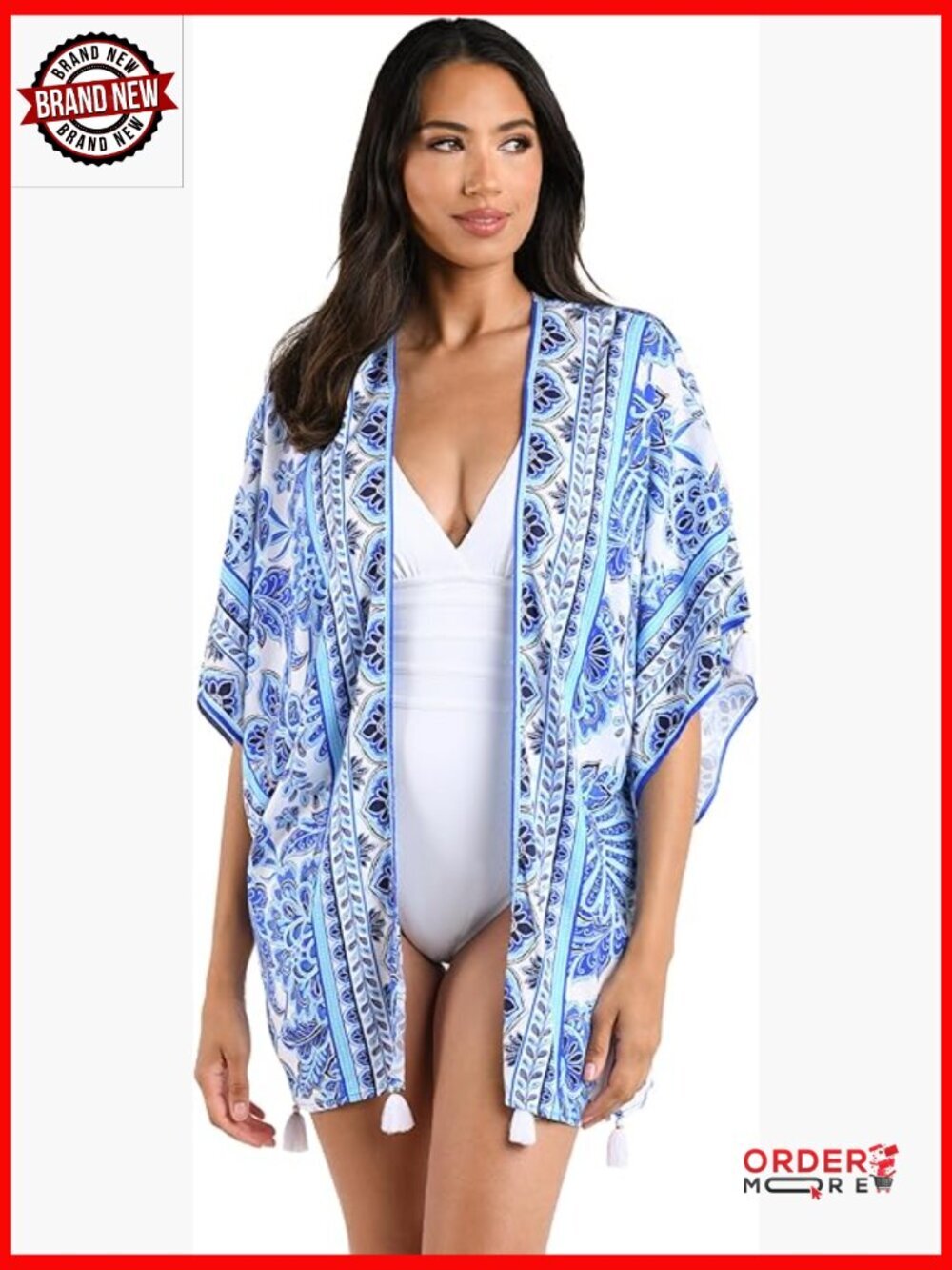Kimono Swimsuit Cover Up โ Square Neck, Open Front, Tassel Detail